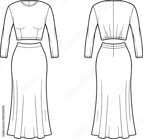 Women two piece dress vector illustration, long sleeve crop top and maxi skirt set, front and back view