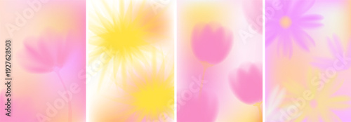 Blurred spring, summer flowers set. Macro flowers. White, pink, yellow soft colors. Blurry landscape with plants. Design for card, invitation, cover, post. Place for text.