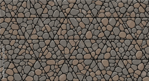 Cartoon seamless stone wall texture pattern featuring irregular gray brown stones with black grout lines background