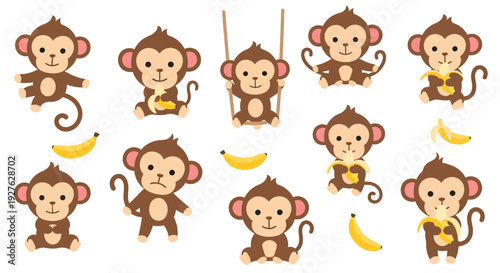 Monkeys illustration, vector style graphic, playful animals, cartoon design, banana fruit, happy monkeys