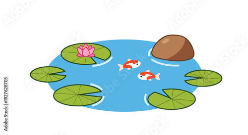 Koi Fish Pond Vector Illustration, Flat Design for Nature and Relaxation, Calm Water Scene