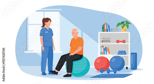 Senior Man Performing Physical Therapy Exercise with Stability Ball and Female Therapist in Rehabilitation Clinic Vector Illustration
