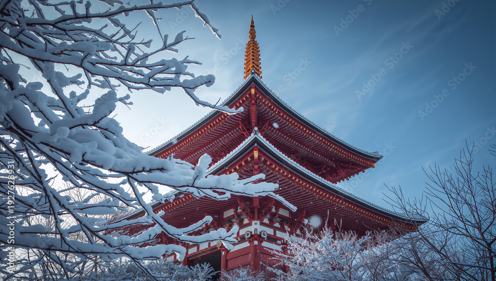 Obraz premium 望遠で切り取る雪の枝越しの朱色の塔と冬の澄んだ青空