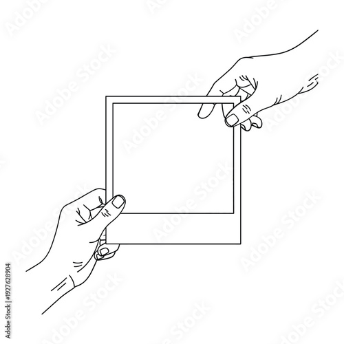 Two hands holding and pointing at a blank frame in a line style fingers