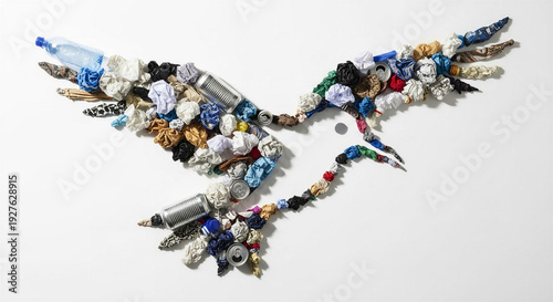 Artistic representation of a bird made from recycled materials on a white background
