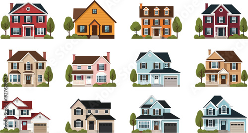 Illustration of Various Residential Houses with Different Architectural Styles and Features