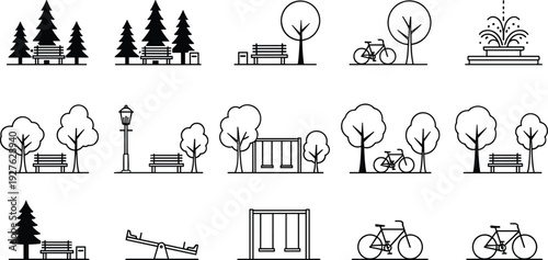 City park outline icons vector set with trees benches bicycles fountain and playground line art collection