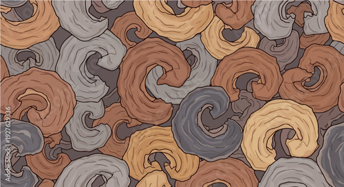 Cartoon seamless swirling curl pattern in brown orange gray tones for decorative texture background