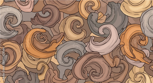 Cartoon seamless colorful swirling pattern in orange brown blue tones for vibrant abstract background
