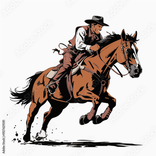 Dynamic Illustration of a Fearless Cowboy Riding a Powerful Jumping Horse Vector