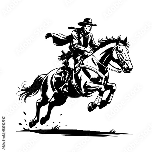 Dynamic Illustration of a Fearless Cowboy Riding a Powerful Jumping Horse Vector