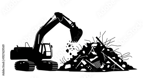 Silhouette of a heavy excavator machine moving a pile of construction debris and rubble