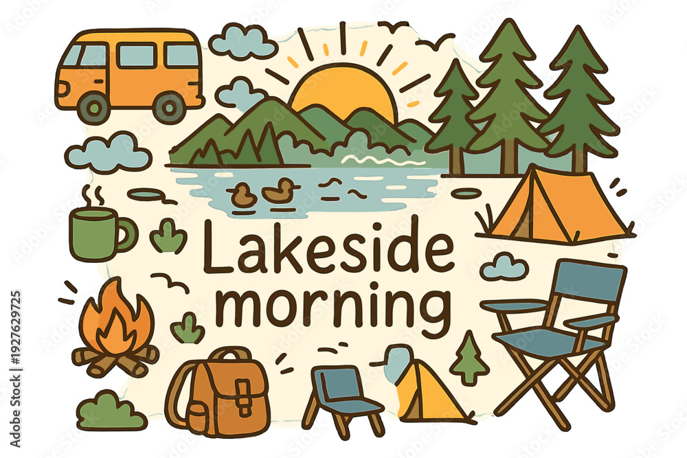 Fototapeta premium Lakeside Doodle Scene. Lakeside morning. Hand-drawn doodle illustration of lakeside morning. Camper van,