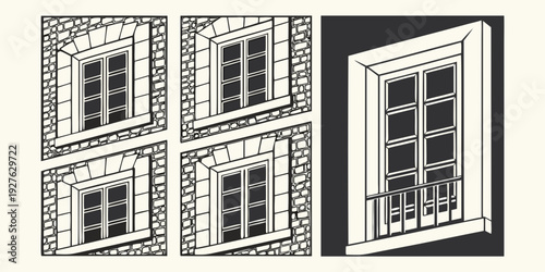 A vintage illustration showcasing various architectural window designs and styles. Vector