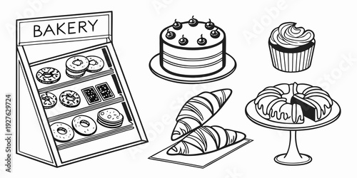 Assorted pastries and cakes displayed on a table with a menu board. Vector