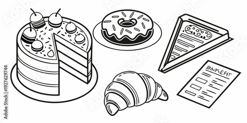 Assorted pastries and desserts displayed on a white background Vector
