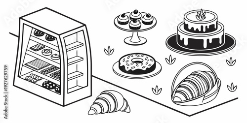 A variety of delicious desserts and snacks displayed on a table. Vector