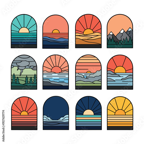 Collection of twelve colorful arch shaped landscape with sunrises sunsets mountains and trees arches