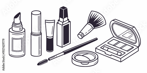 An array of makeup products including lipstick, foundation, and makeup brushes Vector