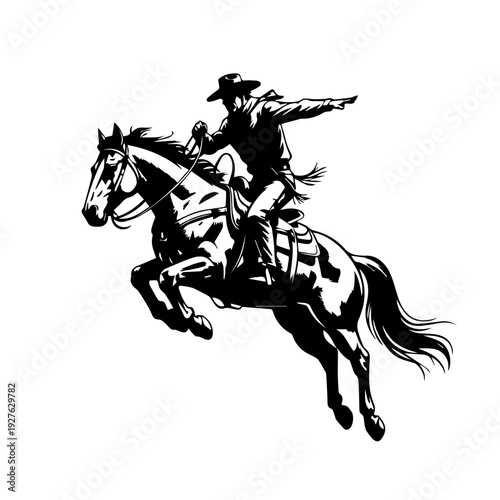 Dynamic Illustration of a Fearless Cowboy Riding a Powerful Jumping Horse Vector