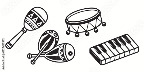 A collection of musical instruments including maracas, a drum, a tambourine, and a xylophone. Vector