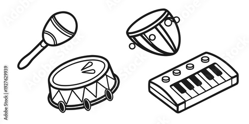 A collection of musical instruments including a drum, tambourine, piano, and more Vector