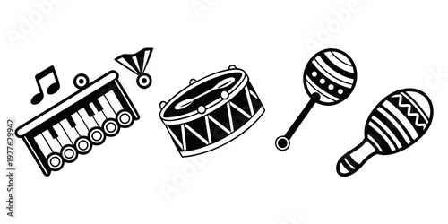 A variety of musical instruments including a drum, maracas, and a xylophone. Vector