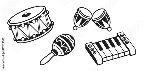 A variety of percussion instruments including tambourines, maracas, and a xylophone. Vector