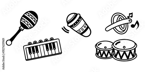 A variety of musical instruments including a tambourine, maracas, and a xylophone. Vector