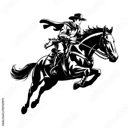Dynamic Illustration of a Fearless Cowboy Riding a Powerful Jumping Horse Vector