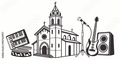 A detailed illustration of a historic building with construction tools and materials nearby. Vector
