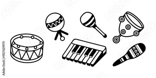 Assorted musical instruments including a drum, xylophone, maracas, and cymbals. Vector