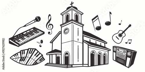 A vibrant church with musical instruments and food items surrounding it. Vector