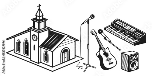 A church with a steeple, microphone, and keyboard in a worship setting. Vector
