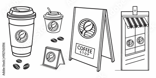 A variety of coffee products and a sandwich displayed on a table Vector