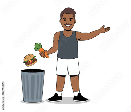 A cartoon man throwing away food and money into a trash can