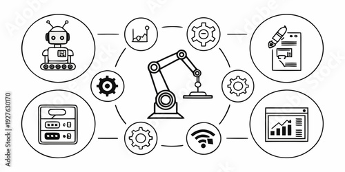 Illustration of interconnected elements representing various aspects of industry and technology Vector