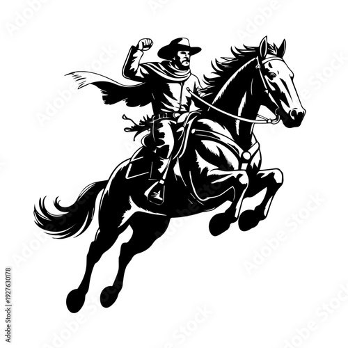 Dynamic Illustration of a Fearless Cowboy Riding a Powerful Jumping Horse Vector