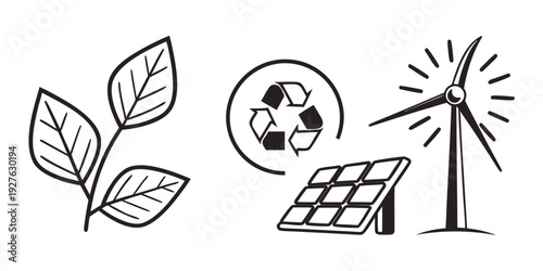 Sustainable energy and eco-friendly practices with solar power and green leaves. Vector