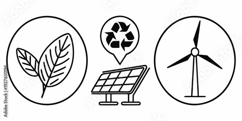Icons representing renewable energy sources and environmental sustainability. Vector