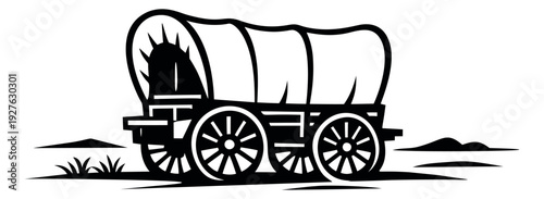 Graphic illustration of a covered wagon depicting pioneer travel for American history themes