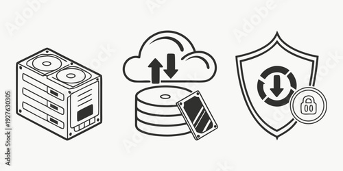 Illustration of database, cloud, and security icons representing data storage and protection. Vector