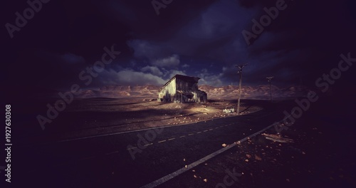 Photos derelict roadside shack under moody clouds with scattered scrap and graffiti, ex