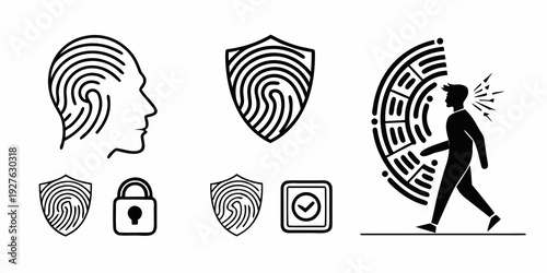 Illustration of various security and privacy icons representing identity protection. Vector