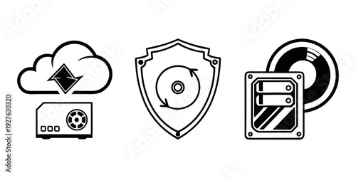 Icons representing cloud storage, security, and file compression technologies Vector