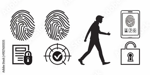 Illustration of various security and identification symbols including fingerprints, a person, and a padlock Vector