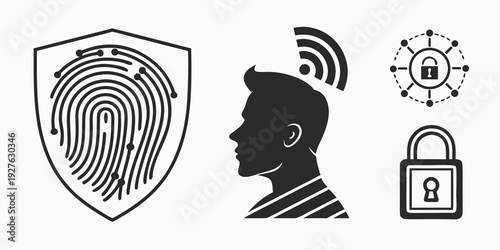 A person's profile with security icons indicating identity protection and verification. Vector