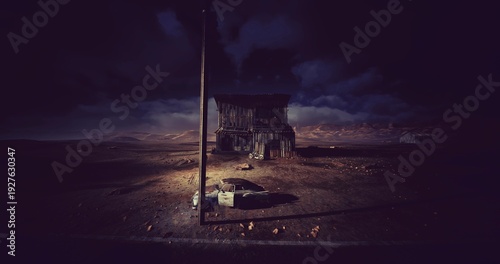 Obraz na plátně desert shack at night under stormy sky, dim lamp near weathered pole, barren gro