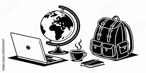 A backpack, globe, and laptop setup on a desk with a cup of coffee. Vector