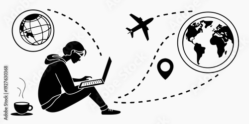Person working on laptop with global connectivity and travel icons around Vector